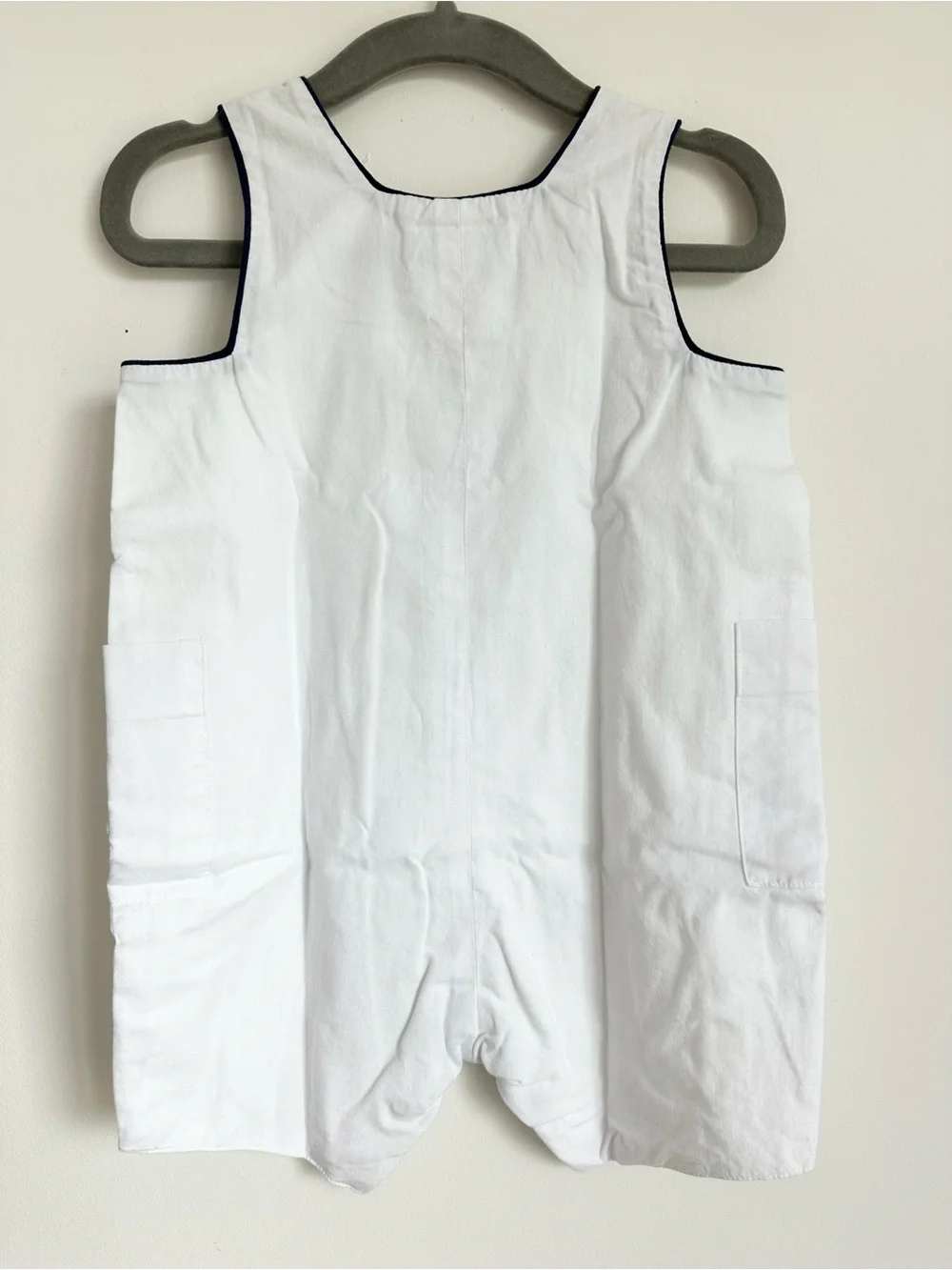 JEANINE JOHNSEN Baby Blue Romper with Navy Whale & Anchor Embroidery 6-12M